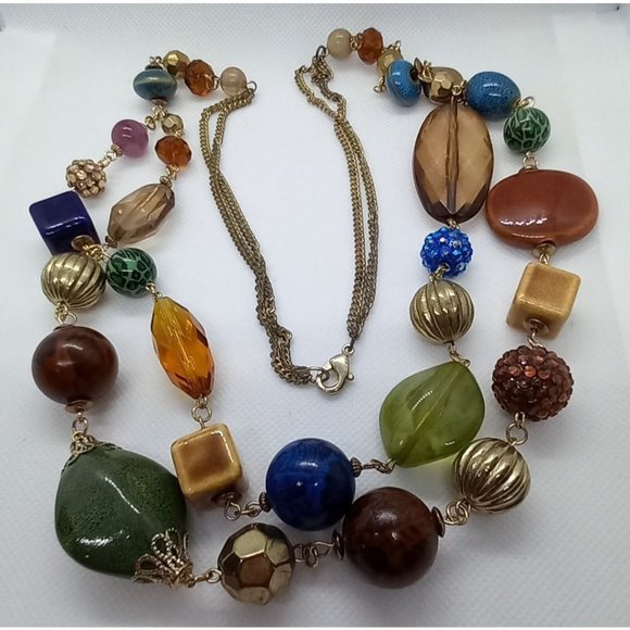 Chunky‎ Multi Gemstone Beads Mixed Texture Two Strand Gold Tone Necklace 34" - Picture 3 of 8